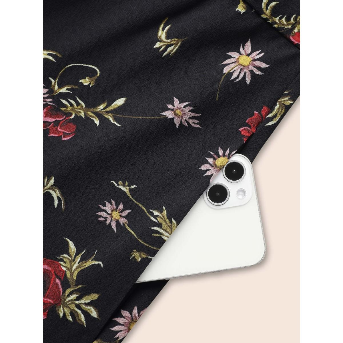 Plus Size Floral Notched Chiffon Mesh Midi Dress Black Women Timeless See through Notched collar Short sleeve Curvy BloomChic 28/5X Product Image