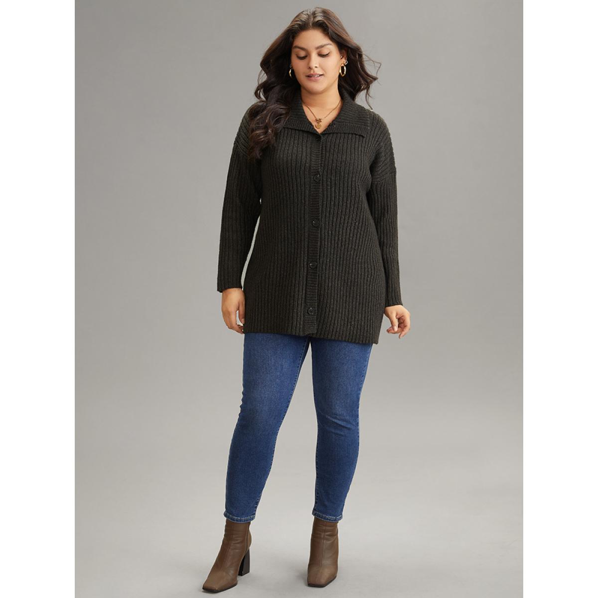 Plus Size Anti-Pilling Textured Button Up Lapel Collar Cardigan Black Women Casual Loose Long Sleeve Everyday Cardigans BloomChic 26/4X Product Image