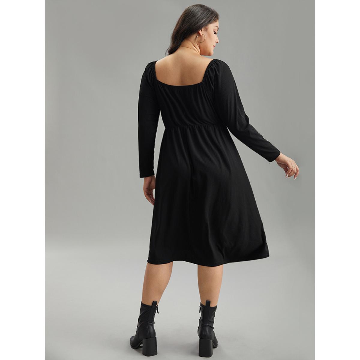 Plus Size Rib Knit Split Side Square Neck Dress Black Women Elegant Plain Square Neck Long Sleeve Curvy Midi Dress BloomChic 30/6X Product Image