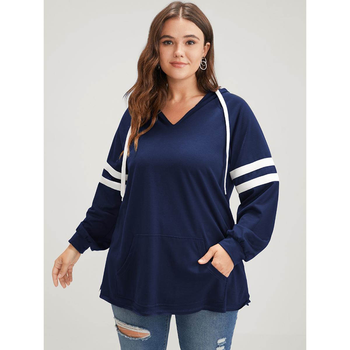 Plus Size Solid Contrast Pocket Drawstring Hooded Sweatshirt Women Black Casual Contrast Hooded Dailywear Sweatshirts BloomChic 22-24/3X Product Image