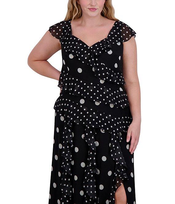 Eliza J Plus Size V Neck Flutter Sleeve Polka Dot Asymmetrical Ruffle Gown Product Image