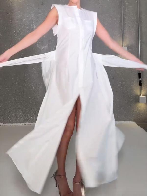 Cap Sleeve Loose Buttoned Solid Color Split-Side Tied Waist Maxi Dresses Shirt Dress Product Image