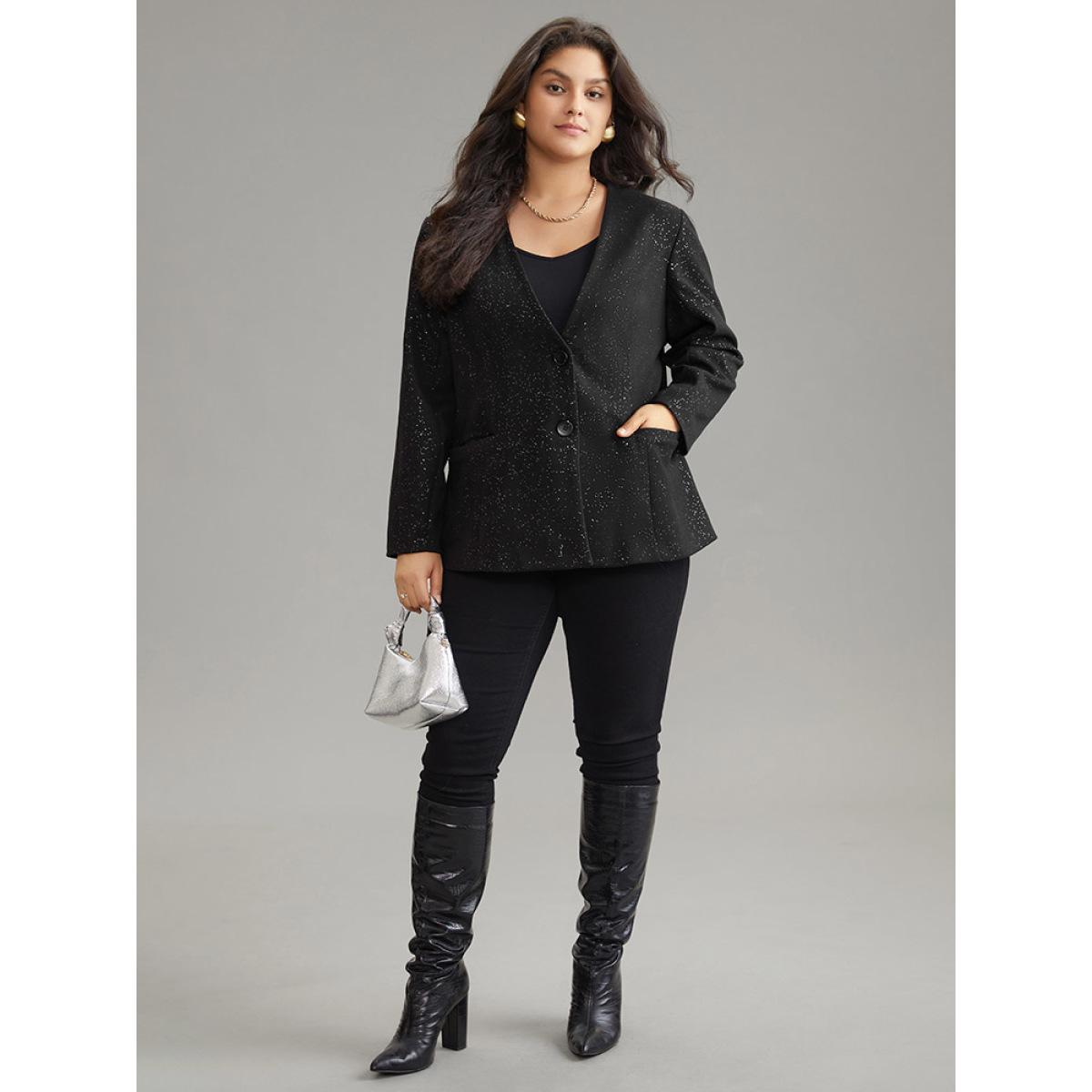 Plus Size Glitter Flap Pocket Button Down Blazer Black Women Dailywear Plain Lined Sleeve Long Sleeve Suit Collar 10/M Pocket Casual Blazers BloomChic Product Image