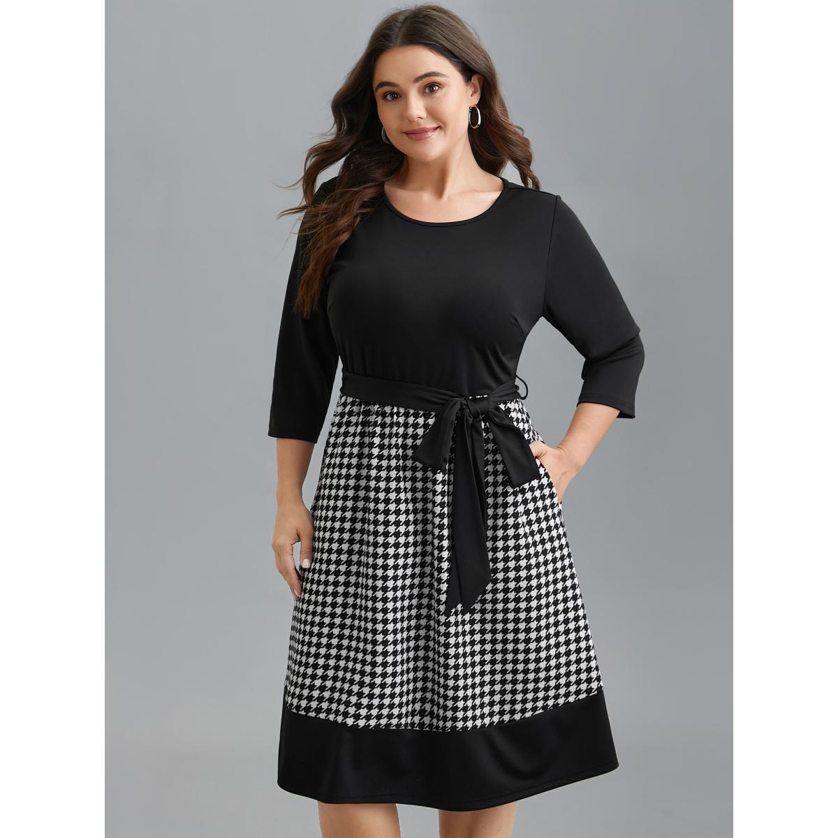 Plus Size Color-Block Belted Fit & Flare Midi Dress Black Women Casual Belted Knit Dresses Bloomchic 28/5X Product Image