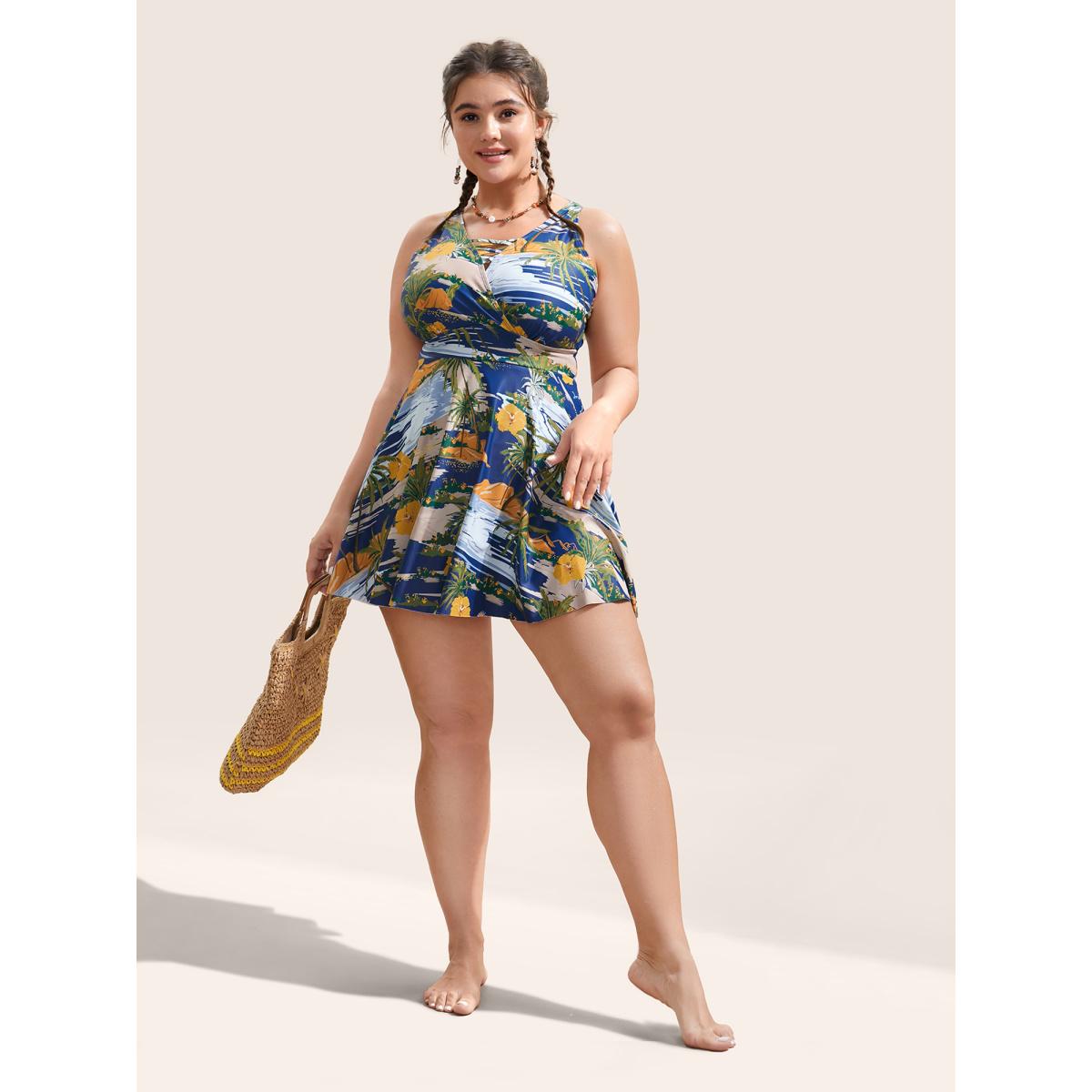 Plus Size Tropical Print Crisscross Cut Out Swim Dress Women's Swimwear Multicolor Beach Bodycon V-neck High stretch Curve Swim Dresses BloomChic 18-20/2X Product Image