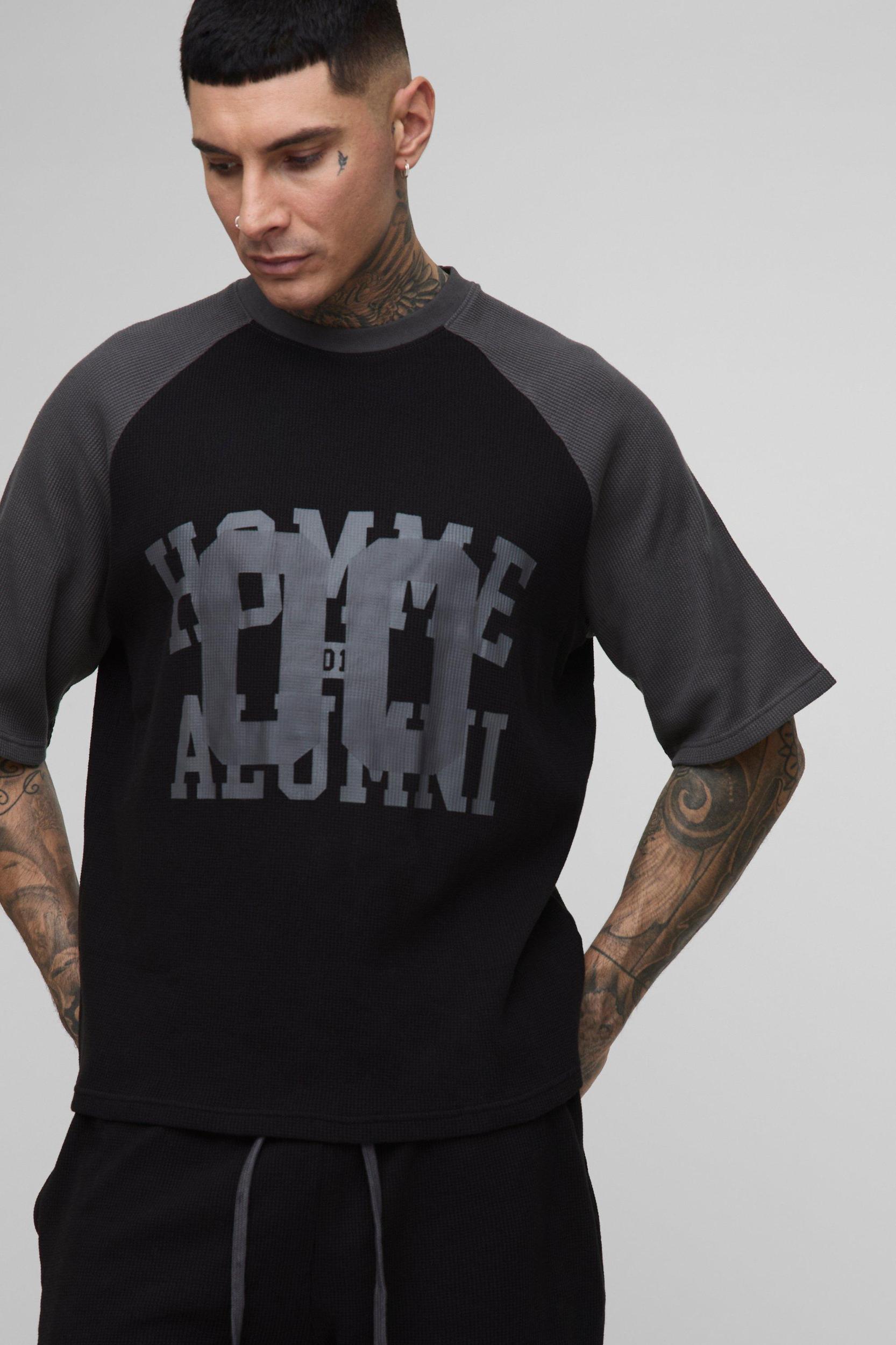 Tall Oversized Boxy Raglan Waffle Graphic T-Shirt & Oversized Short Set | boohooMAN USA Product Image