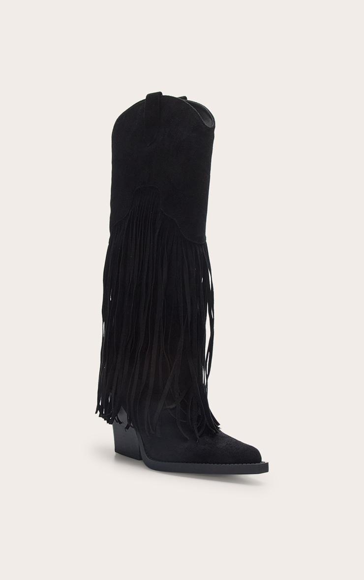 Black Faux Suede Point Toe Fringed Heel Knee High Western Boots Product Image