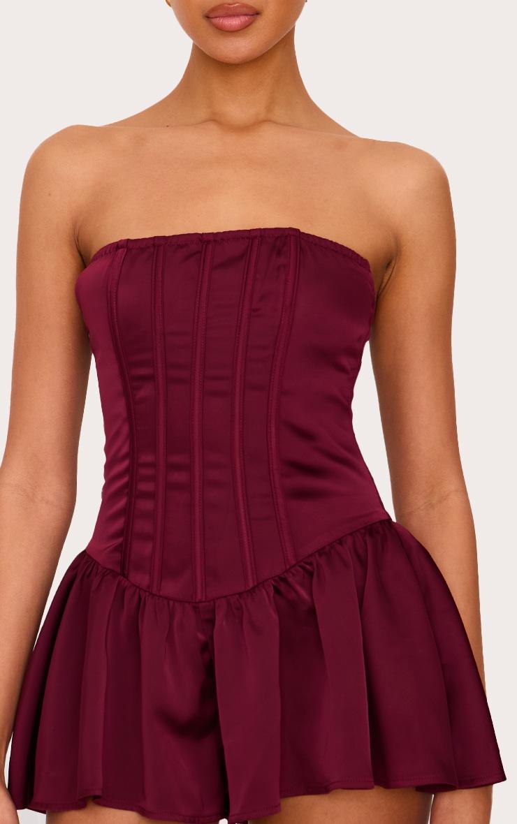 Burgundy Satin Corset Detail Bandeau Romper Product Image