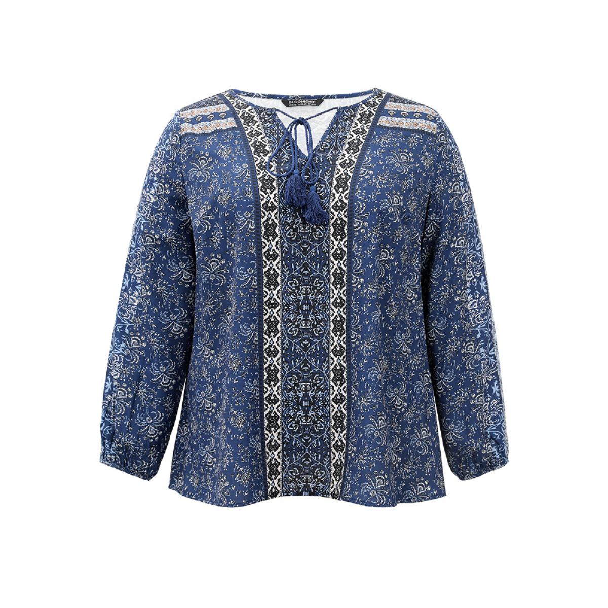 Plus Size Indigo Bandana Print Tassels Ties Blouse Women Vacation Long Sleeve Tie Neck Dailywear Blouses BloomChic 30/6X Product Image