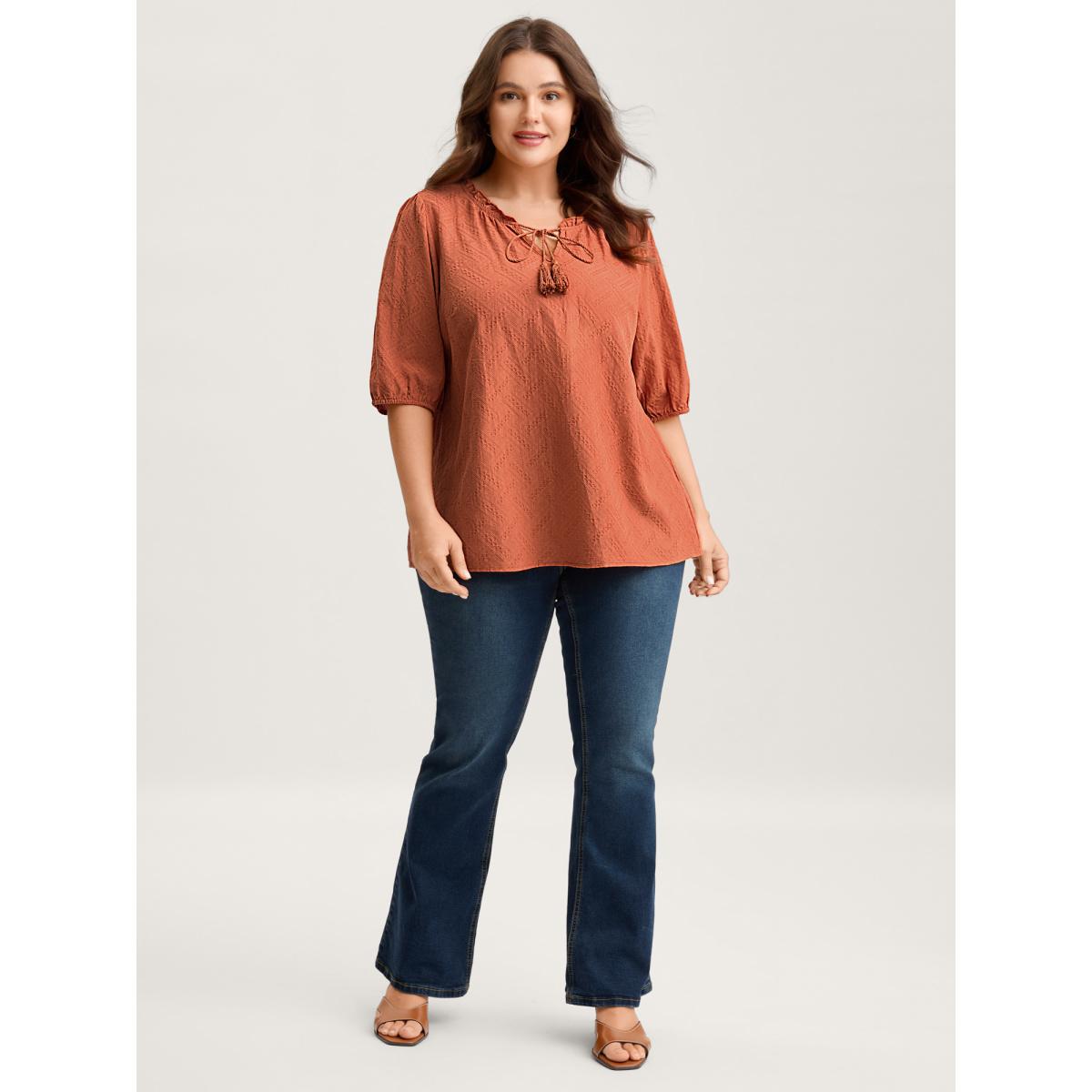 Plus Size Brightorange Pure Cotton Textured Tassel Blouse Women Boho Elbow-length sleeve V-neck Vacation Blouses BloomChic 12/L Product Image
