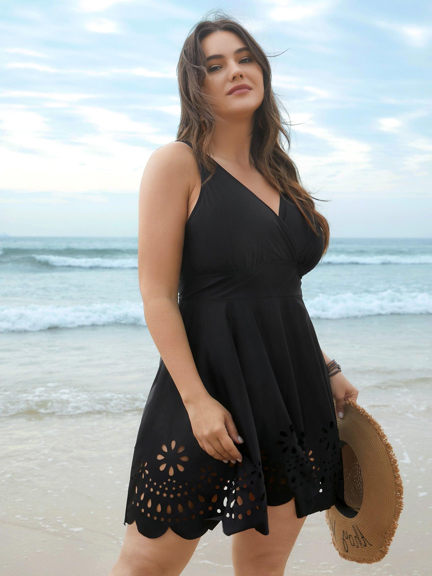 Laser Cut Surplice Neck Waist-Cinched Swim Dress Female Product Image