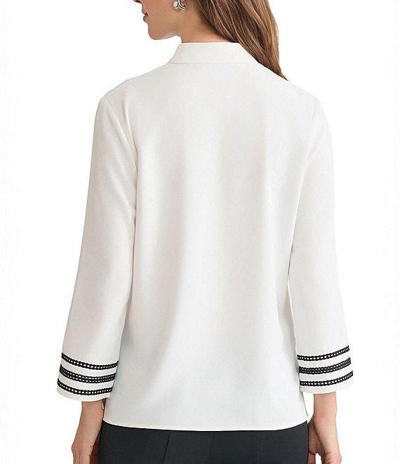 Ming Wang Ribbon Trim Crepe De Chine Mandarin V-Neck Bracelet Sleeve Blouse Product Image