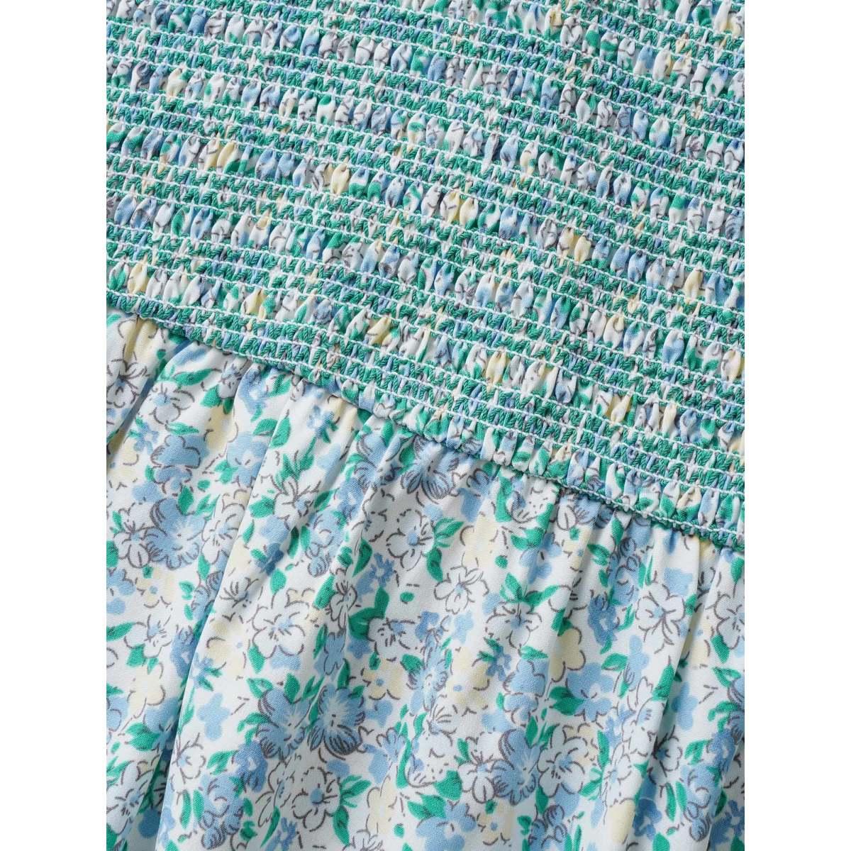 Plus Size Square Neck Ditsy Floral Shirred Ruffle Sleeve Dress White Women Elegant Shirred Square Neck Short sleeve Curvy BloomChic 22-24/3X Product Image