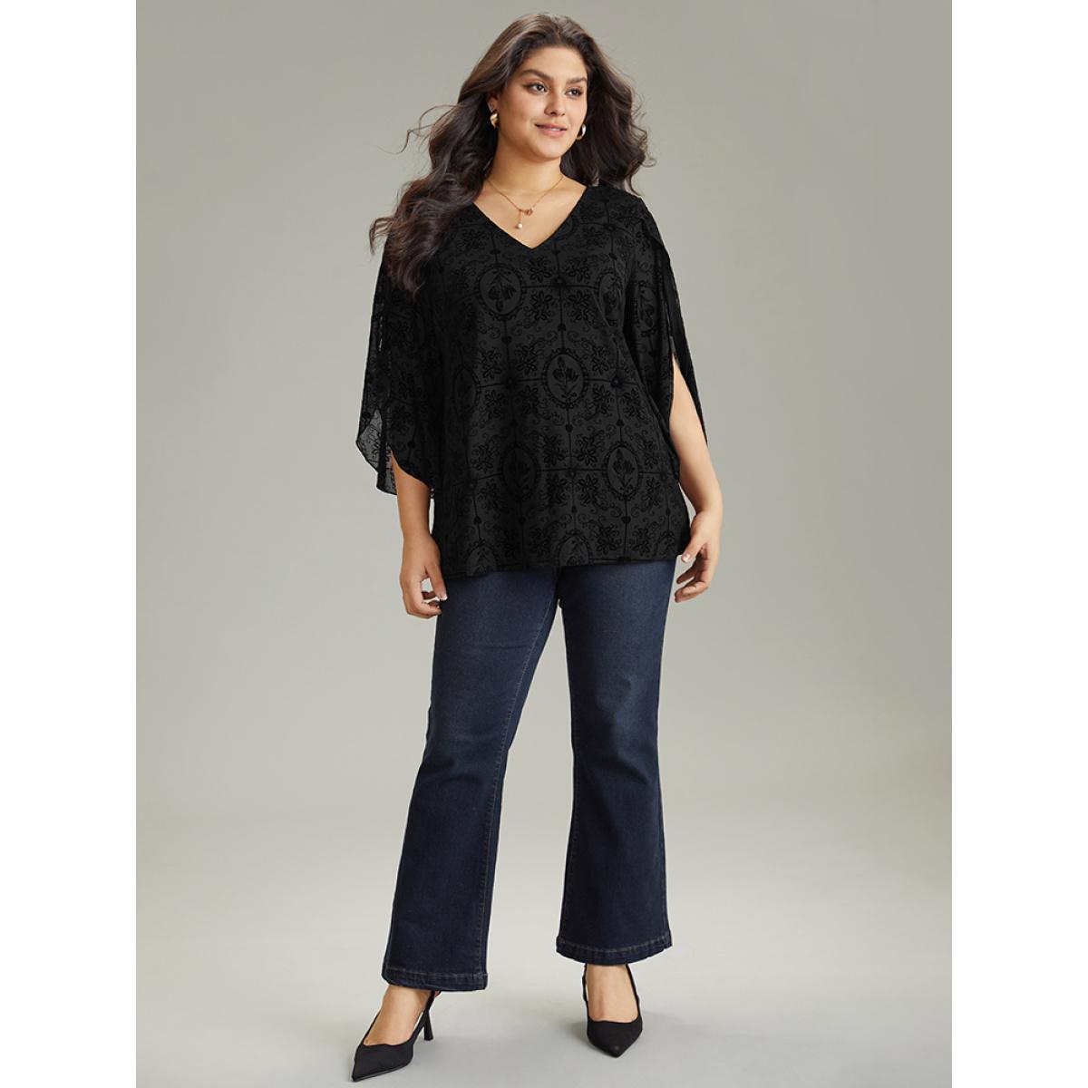 Plus Size Black Silhouette Floral Print V Neck Petal Sleeve Blouse Women Elegant Elbow-length sleeve V-neck Dailywear Blouses BloomChic 30/6X Product Image