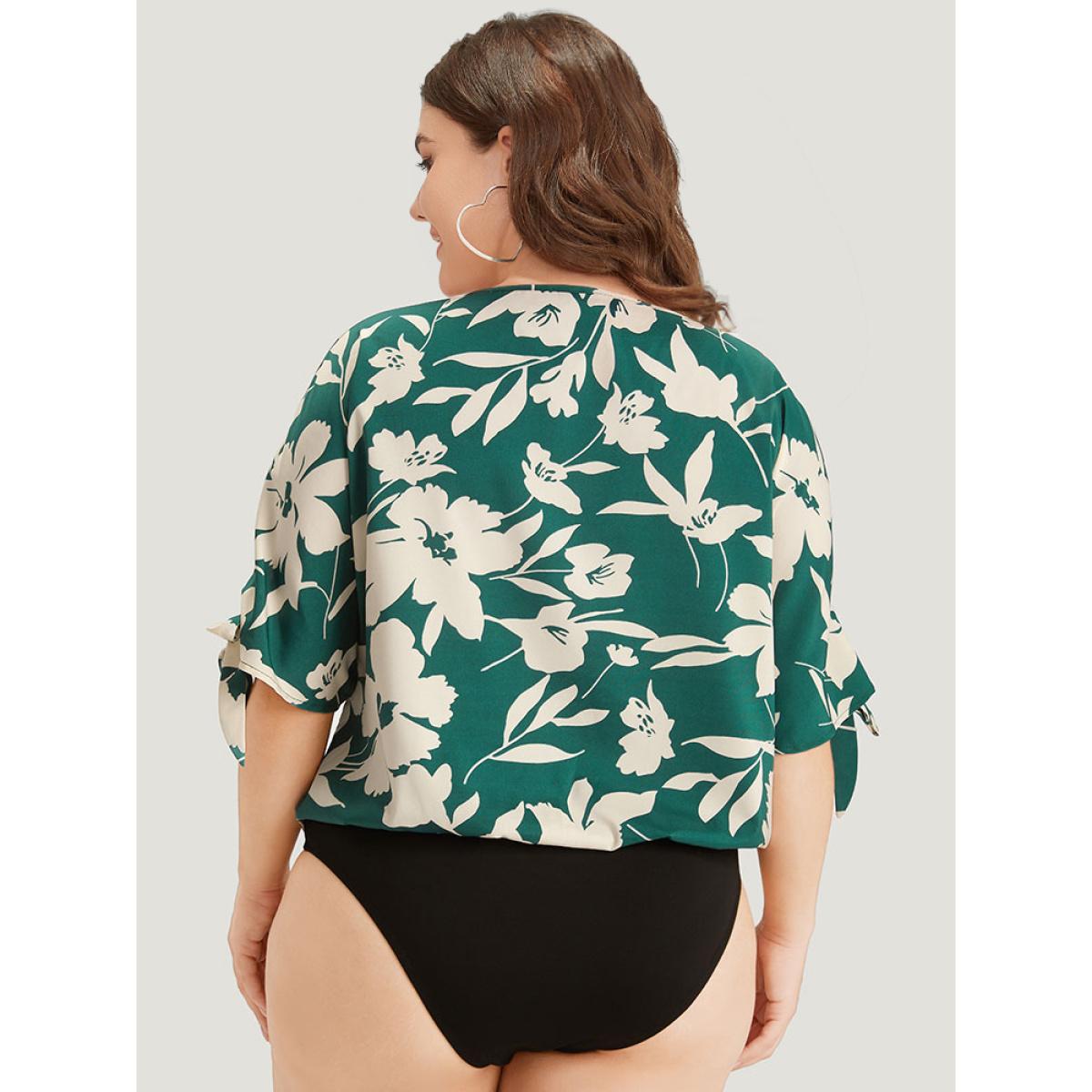 Plus Size Silhouette Floral Print Knotted Cut Out Round Neck Bodysuit Women Cyan Silhouette Floral Print Printed Bodysuits BloomChic 30/6X Product Image