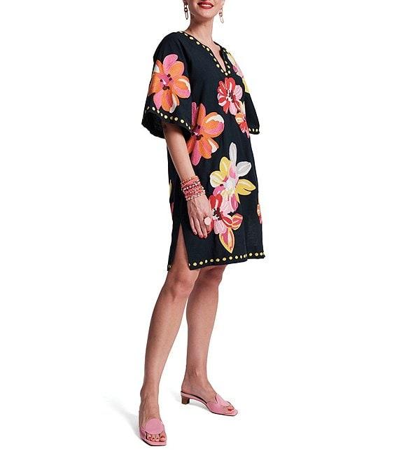 FRANCES VALENTINE Charming Floral Print Split Scoop Neck 3/4 Sleeve Dress Product Image