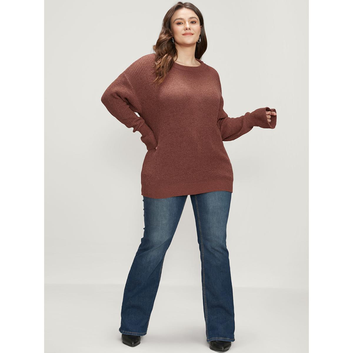 Plus Size Solid Pointelle Knit Round Neck Bell Sleeve Knit Top Bronze Women Casual Loose Long Sleeve Dailywear Pullovers BloomChic 26/4X Product Image