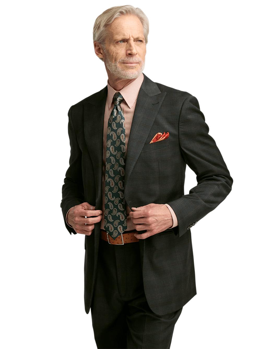 Wool Stretch Plaid Single Breasted Peak Lapel Suit Jacket - Dark Olive Product Image