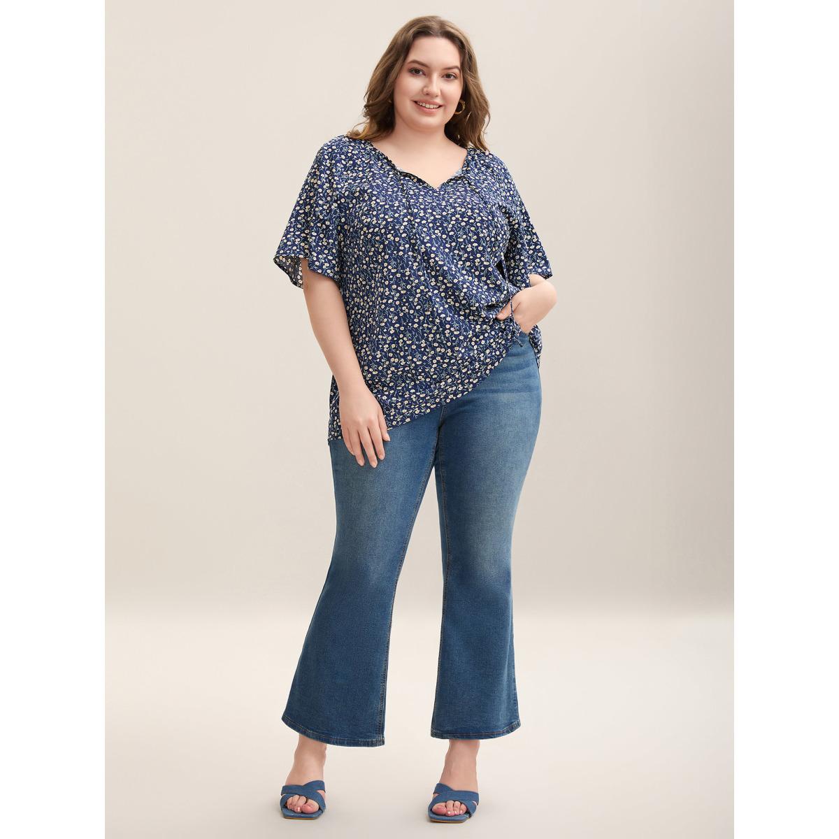 Plus Size Indigo Floral Printed Lotus Sleeve Tied Blouse Women Elegant Short sleeve V-neck Everyday Blouses BloomChic 18-20/2X Product Image