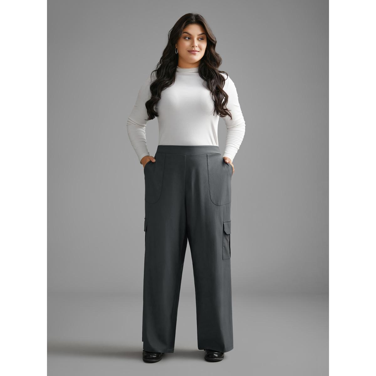Plus Size Solid Elastic Waist Patched Pocket Pants Women DimGray Casual Loose Mid Rise Everyday Pants BloomChic 26/4X Product Image