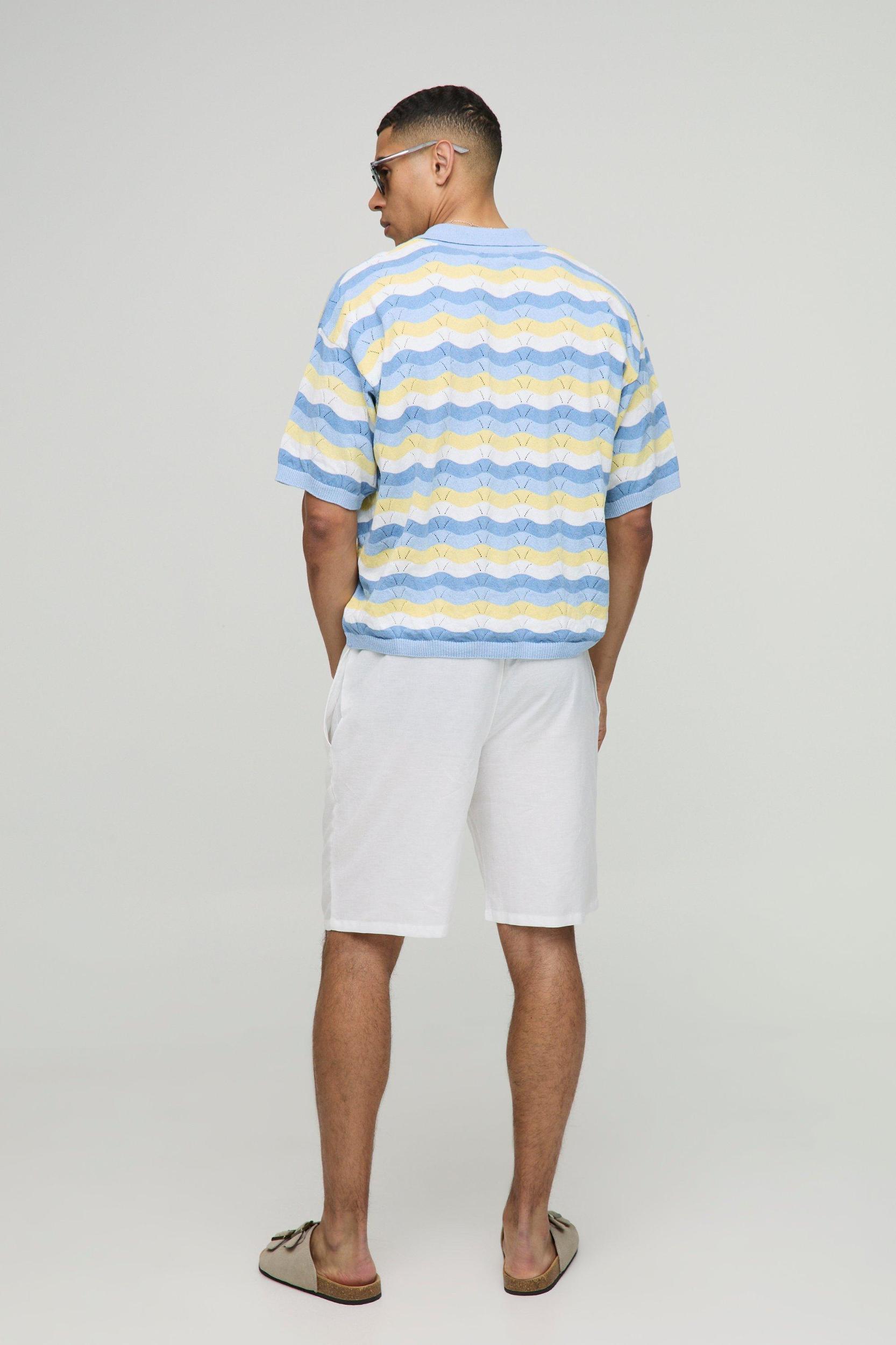Oversized Boxy Crochet Look Stripe Knitted Polo | boohooMAN USA Product Image