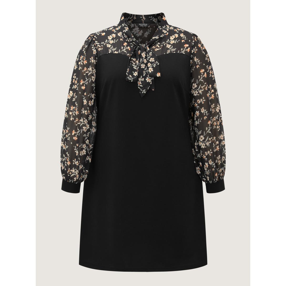 Plus Size Floral Print Ribbon Neck-Tie Knee Dress Black Women Timeless Ribbon-tied collar Long Sleeve Curvy BloomChic 22-24/3X Product Image