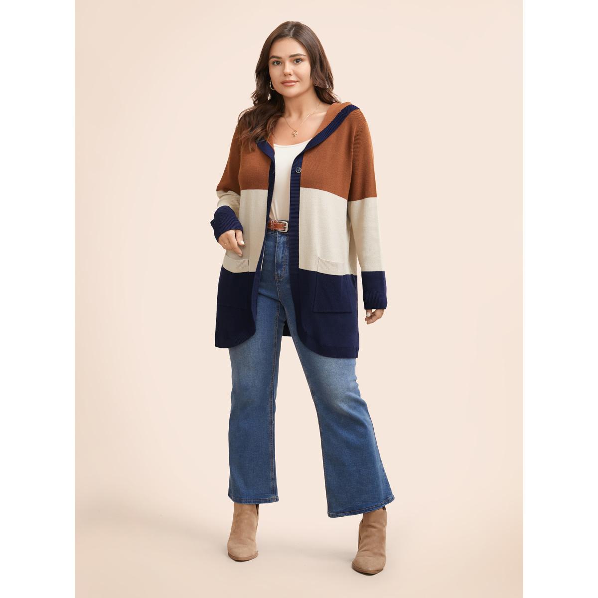 Plus Size Colorblock Contrast Patched Pocket Hooded Cardigan Browncoffeecolor Women Leisure Loose Long Sleeve Casual Cardigans BloomChic 30/6X Product Image