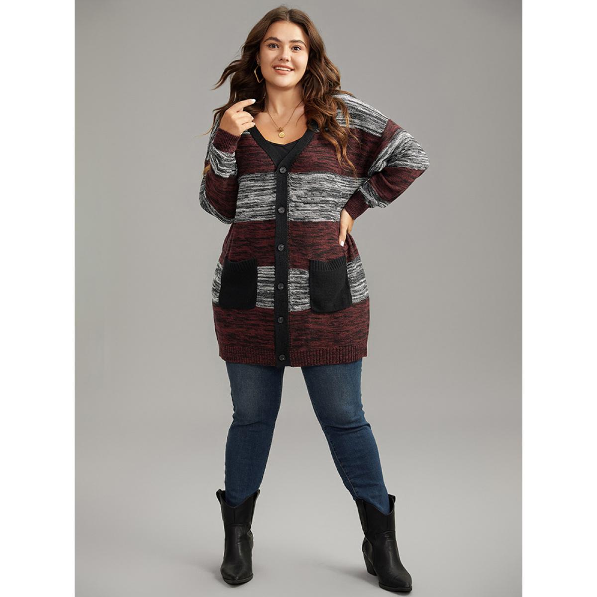 Plus Size Heather Colorblock Contrast Pocket Button Through Cardigan Burgundy Women Casual Loose Long Sleeve Everyday Cardigans BloomChic 14-16/1X Product Image