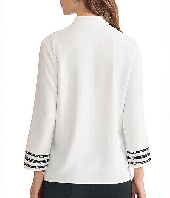 Ming Wang Ribbon Trim Crepe De Chine Mandarin V-Neck Bracelet Sleeve Blouse Product Image