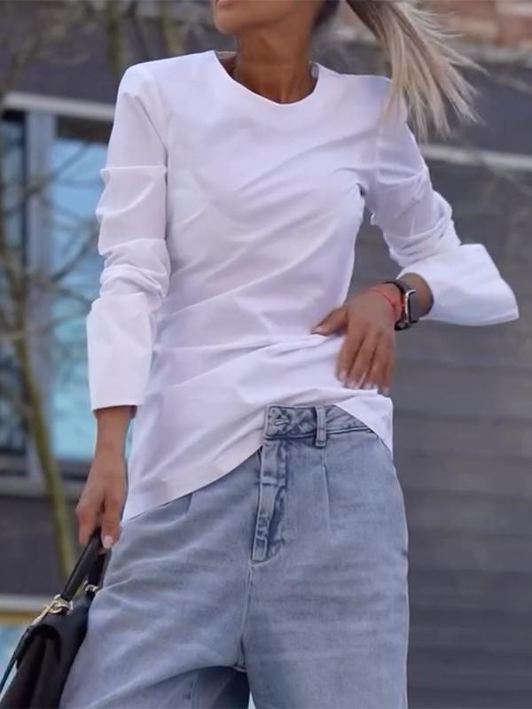 Long Sleeves Loose Solid Color Round-Neck T-Shirts Tops Product Image