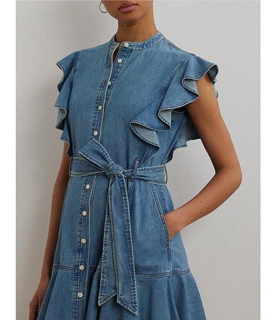 Lauren Ralph Lauren Denim Banded Collar Flutter Sleeve Belted Shirt Dress Product Image