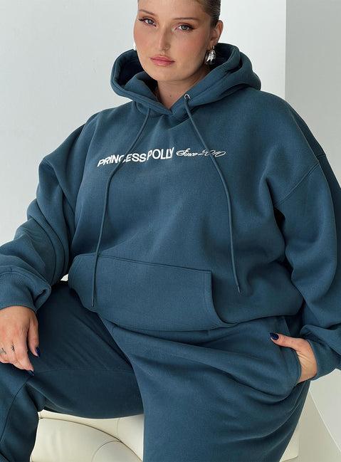 Princess Polly Hooded Sweatshirt Block / Cursive Text Slate Curve Product Image