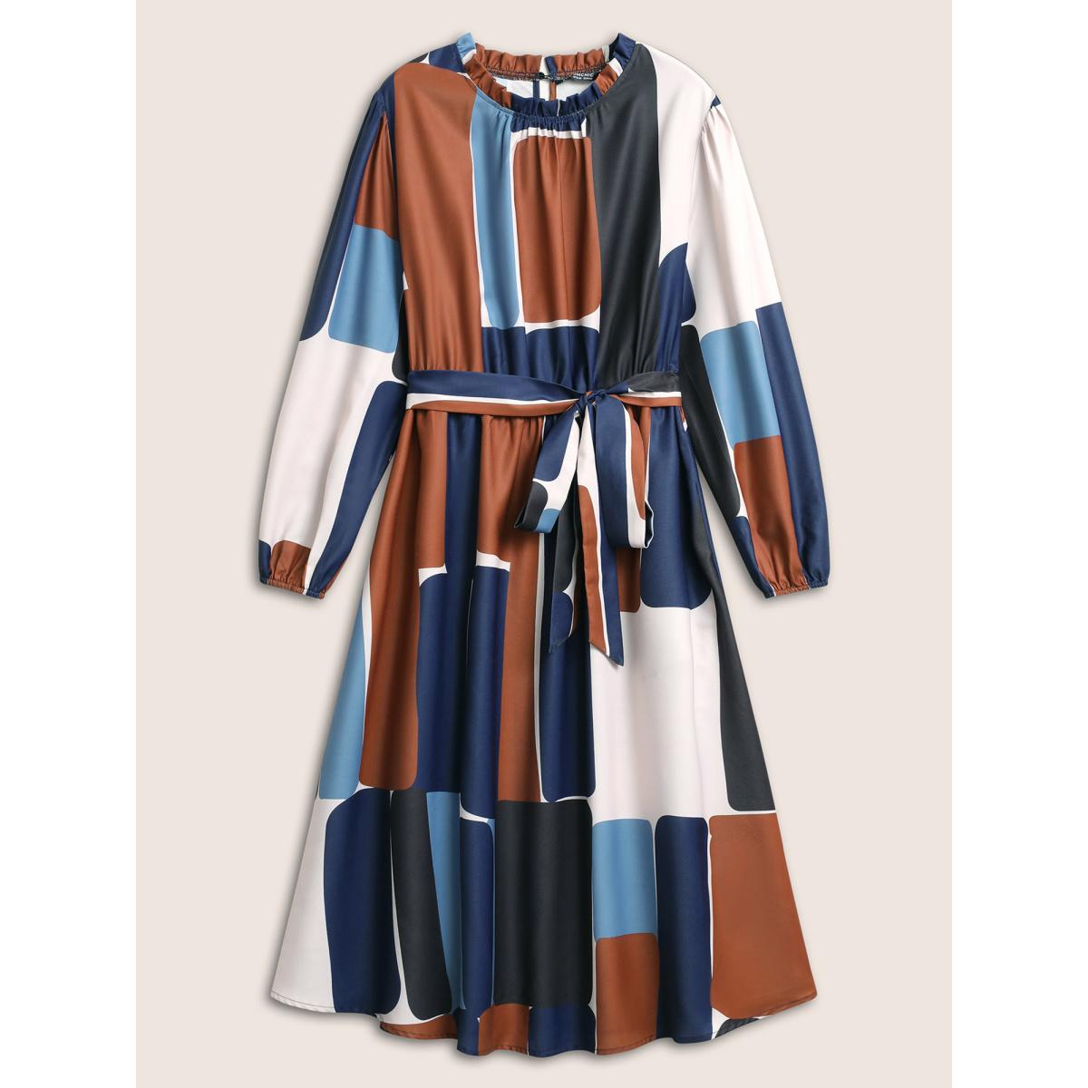 Plus Size Colorblock Contrast Gathered Frill Trim Belted Dress Multicolor Women Elegant Non Mock Neck Long Sleeve Curvy Midi Dress BloomChic 30/6X Product Image