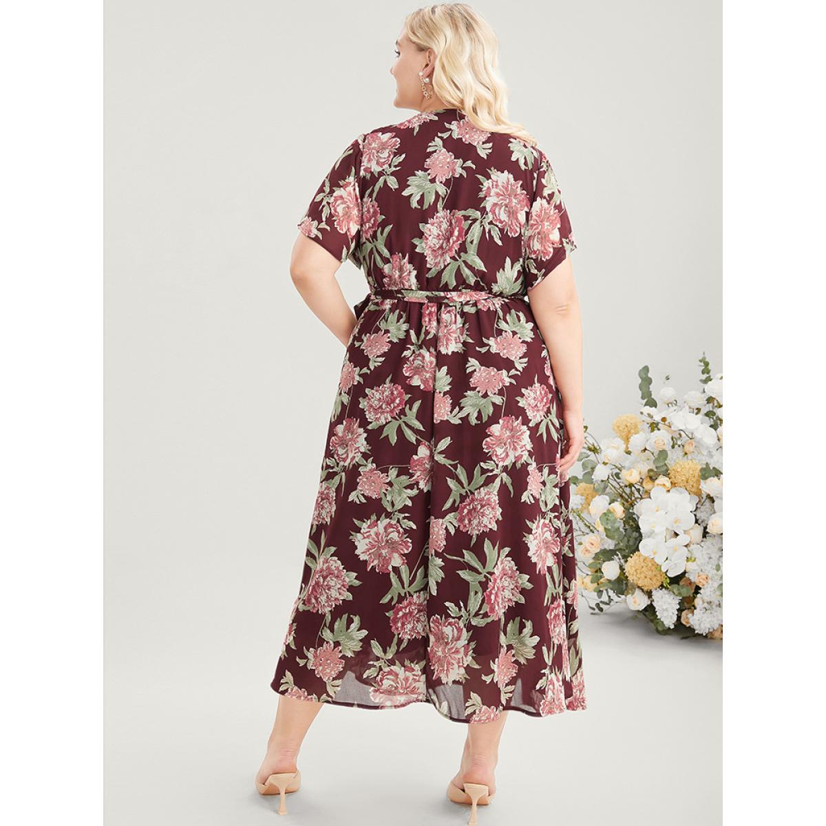 Plus Size Floral Print Belted Surplice Neck Flutter Pocket Maxi Dress Scarlet Women Elegant Wrap Overlap Collar Short sleeve Curvy Long Dress BloomChic 26/4X Product Image