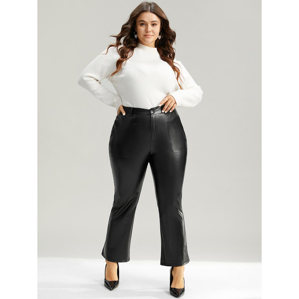 Plus Size Plain PU Leather Pocket Bootcut Pants Women Black Party Flare Leg High Rise Going out Pants BloomChic 28/5X Product Image