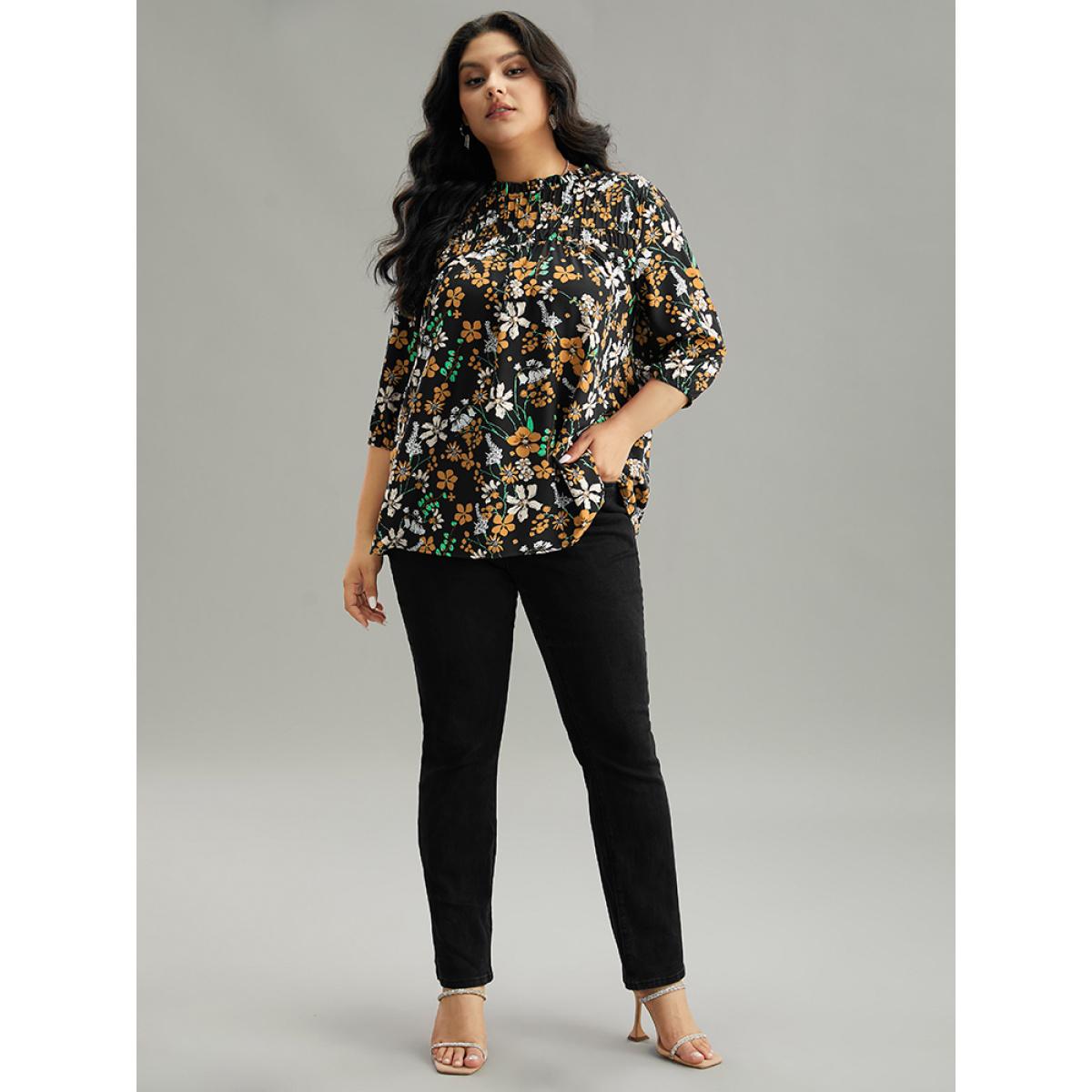 Plus Size Black Floral Print Frill Trim Cut Out Blouse Women Elegant Elbow-length sleeve Round Neck Everyday Blouses BloomChic 28/5X Product Image