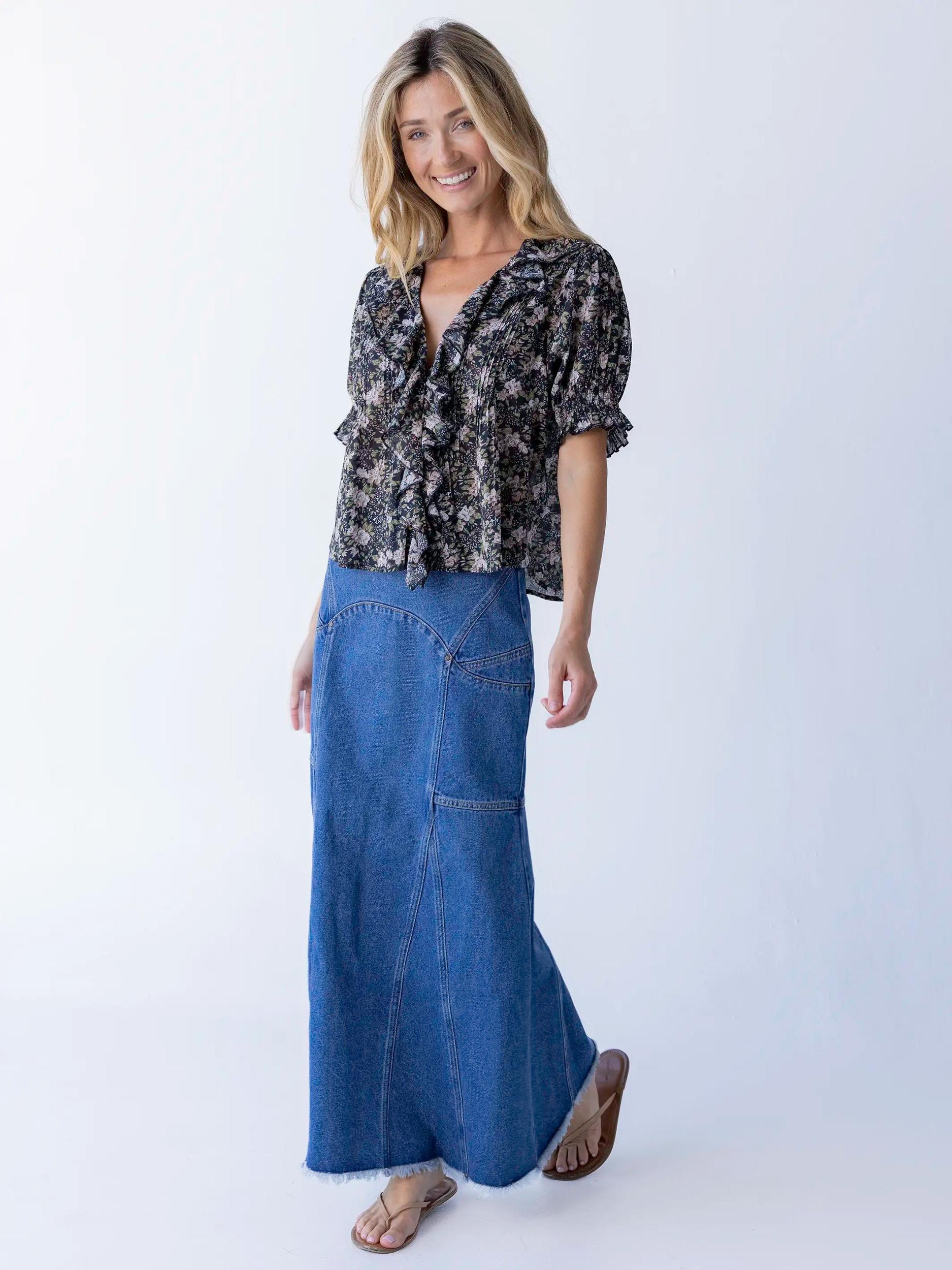 Fitted Cotton Denim Maxi Skirt - Medium Wash Product Image