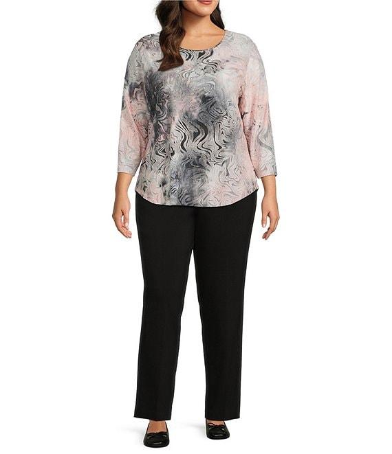 Allison Daley Plus Size Wavy Jod Tie-Dye 3/4 Sleeve Crew Neck Knit Top Product Image