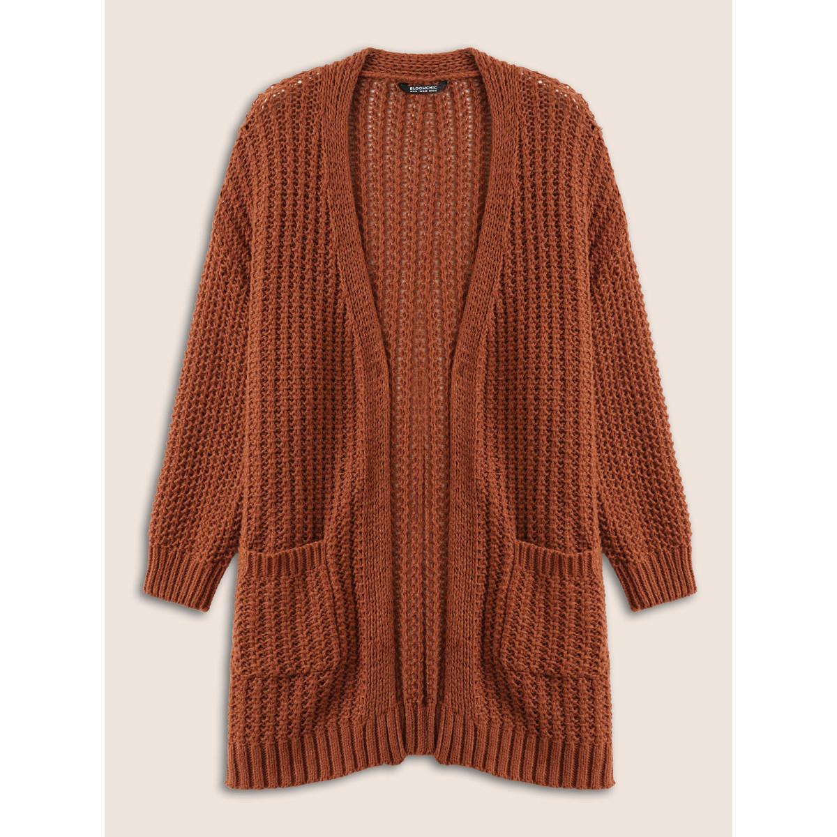 Plus Size Plain Dual Pocket Open Front Cardigan Chocolate Women Casual Loose Long Sleeve Dailywear Cardigans BloomChic 28/5X Product Image