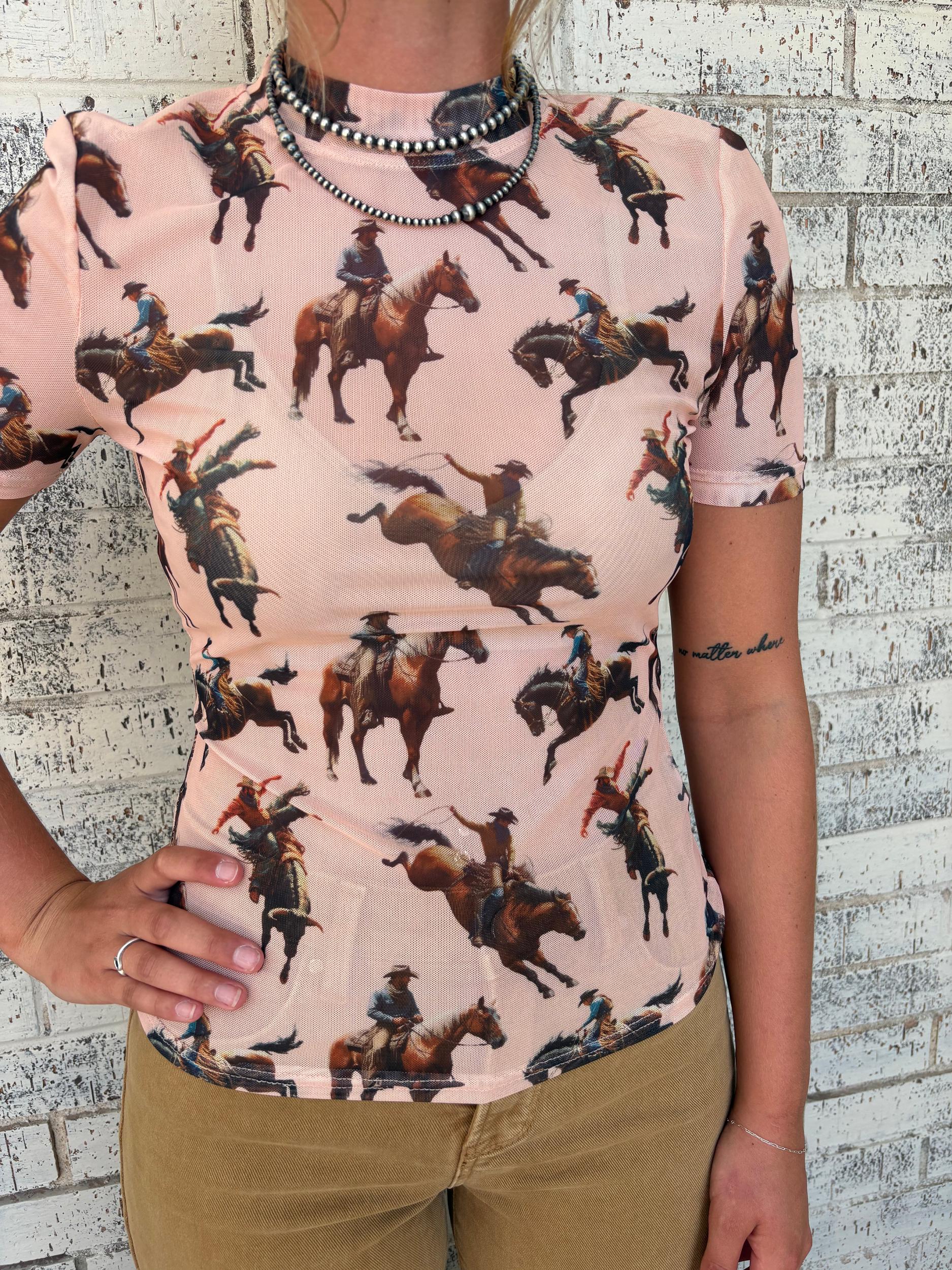 L&B Peach Horse Short Sleeve Mesh Top Product Image