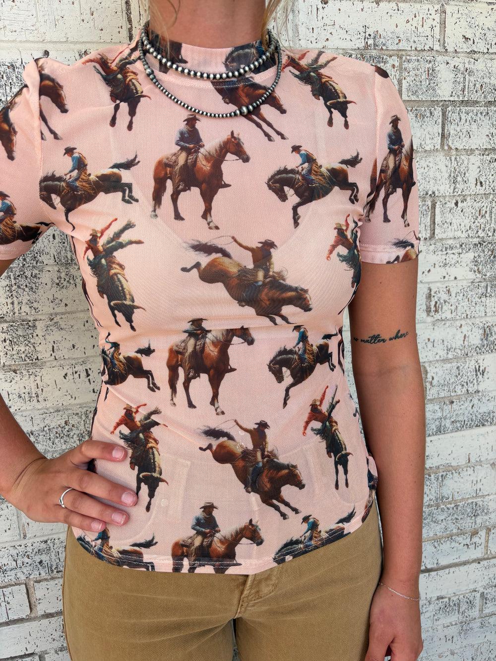 L&B Peach Horse Short Sleeve Mesh Top Product Image