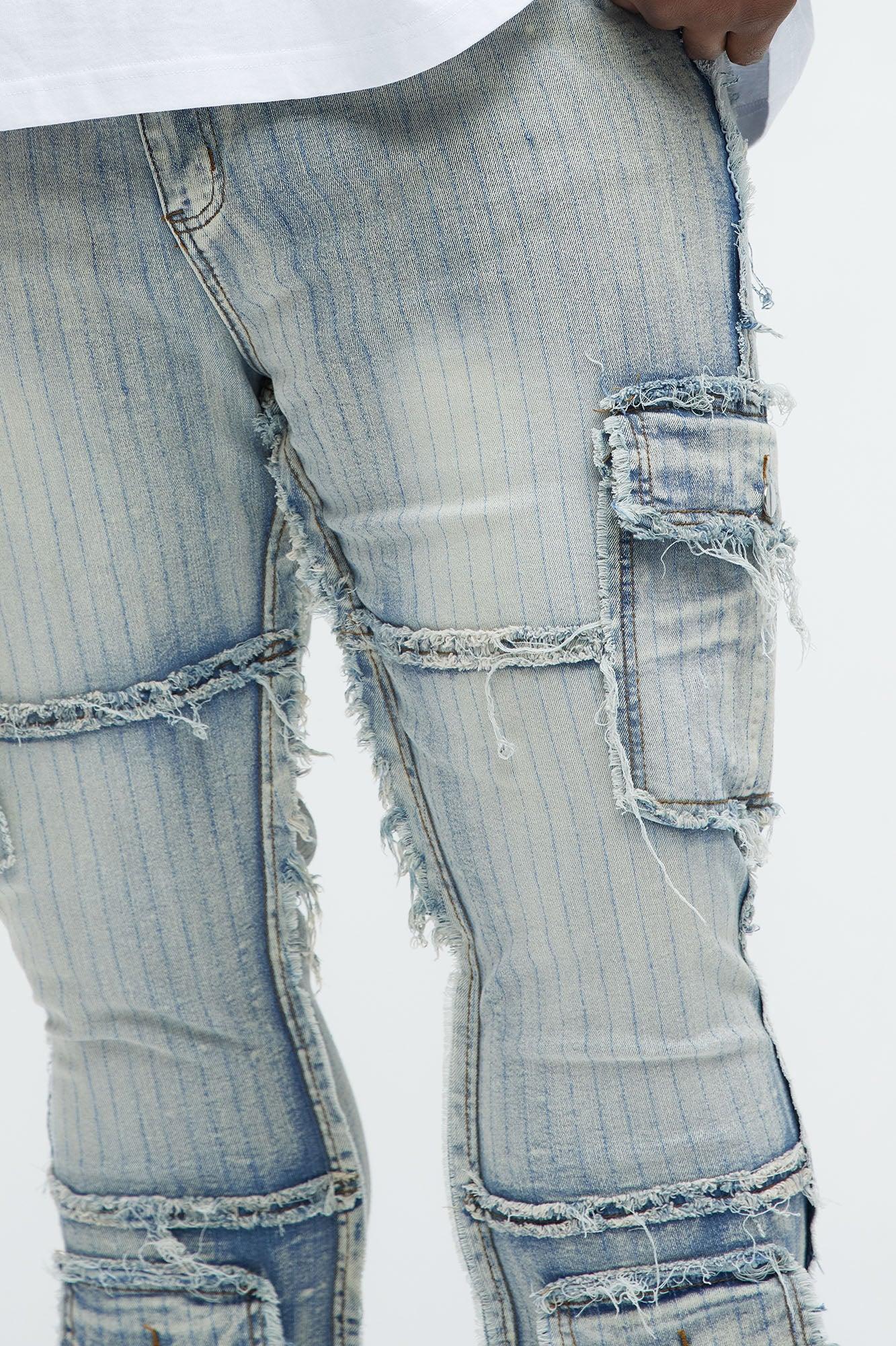 Stitched Down Cargo Stacked Skinny Flare Jeans - Light Wash Product Image