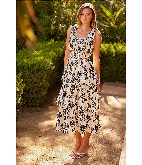 Skies Are Blue Floral Print Scoop Neck Ribbon Tie Tiered Poplin Midi Dress Product Image