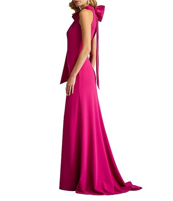 Tadashi Shoji Crepe Halter Mock Neck Taffeta Bow Sleeveless Gown Product Image