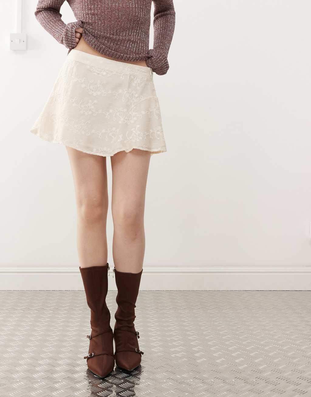 Princess Polly floral embroidered floaty mini skirt in cream Product Image