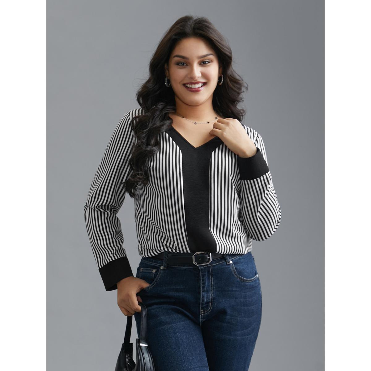 Plus Size Black V Neck Striped Patchwork Blouse Women At the Office Extra Long Sleeve V-neck Work Blouses BloomChic 10/M Product Image