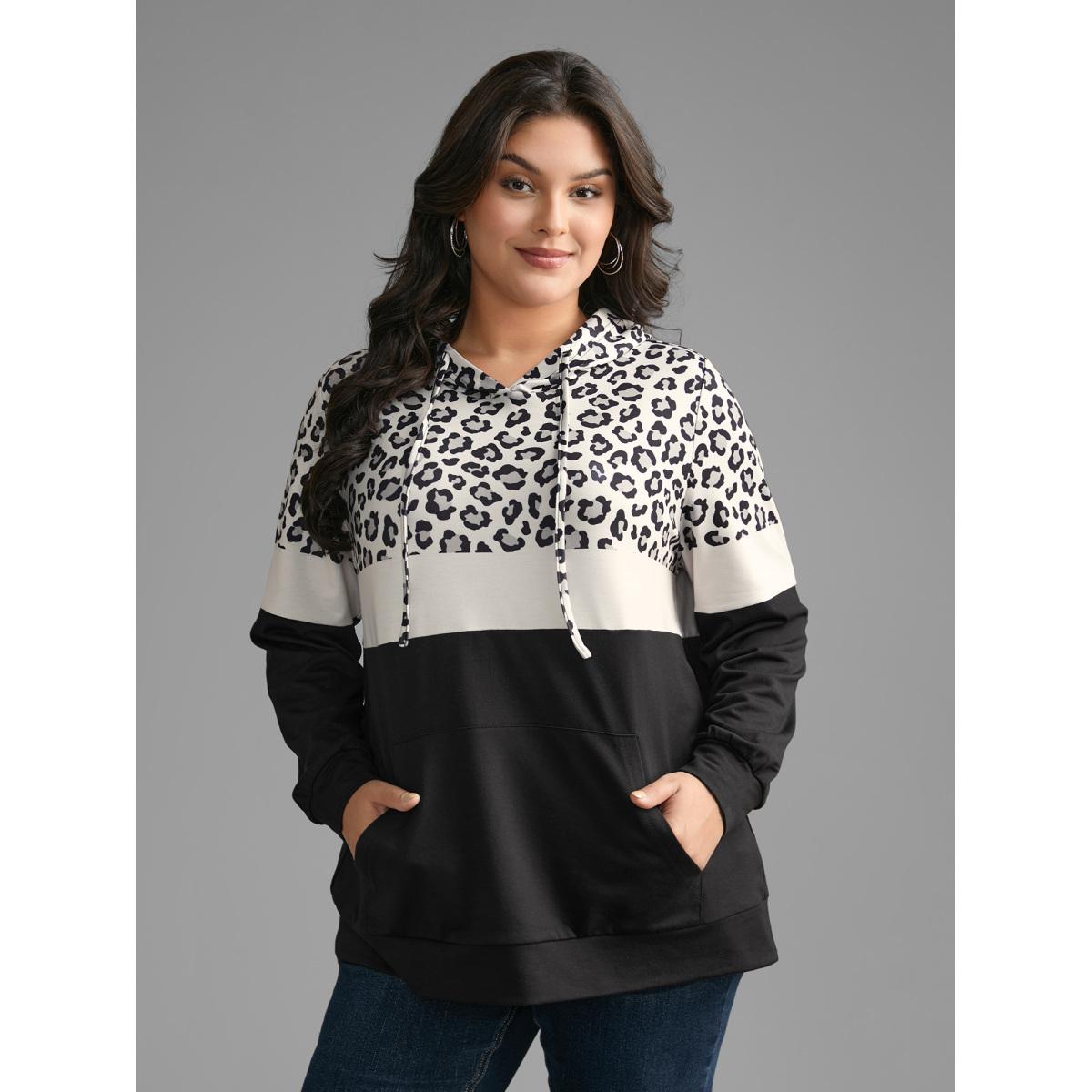 Plus Size Leopard Print Patchwork Contrast Drawstring Sweatshirt Women Black Casual Contrast Hooded Everyday Sweatshirts BloomChic 30/6X Product Image