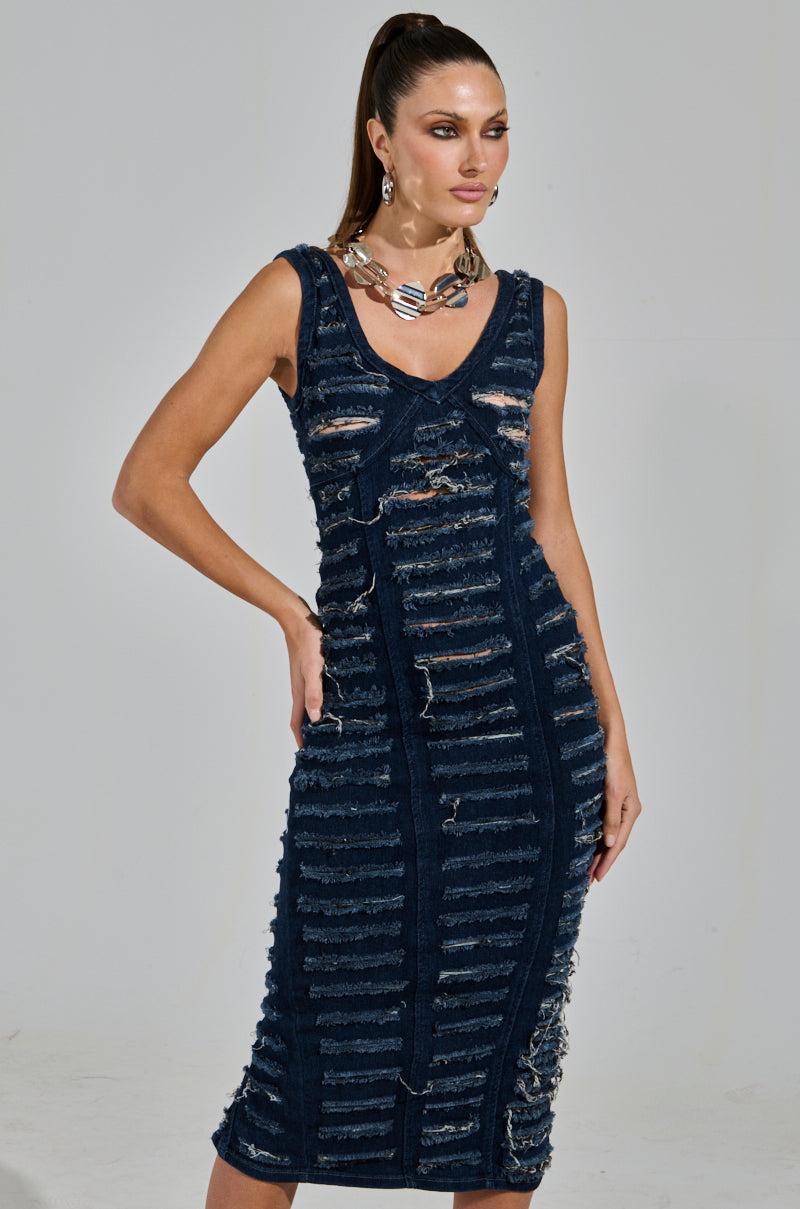 SHE'S GOT IT SHREDDED DENIM MIDI DRESS IN DARK BLUE Product Image