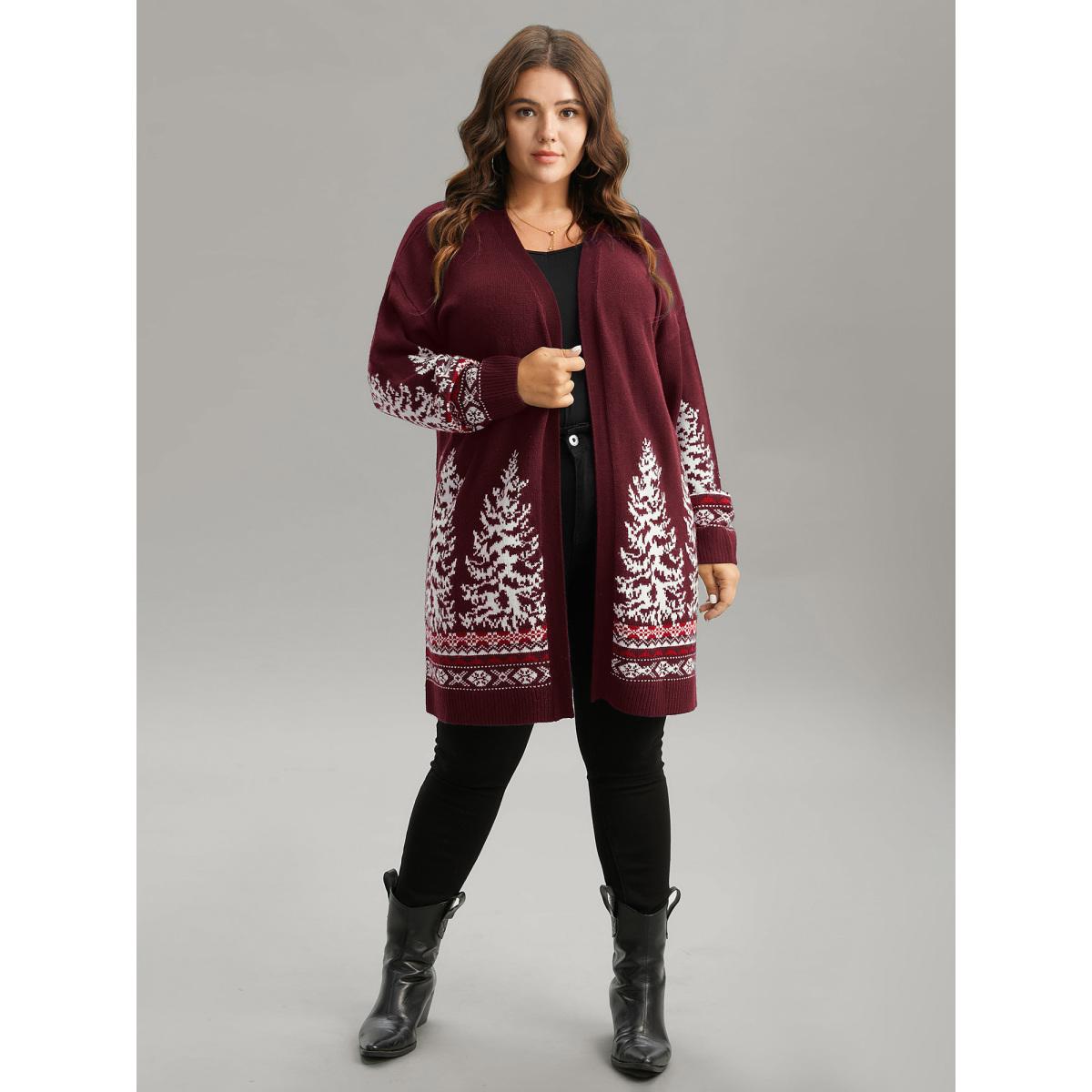 Plus Size Christmas Trees Contrast Cardigan Deepred Women Casual Loose Long Sleeve Festival-Christmas Cardigans BloomChic 14-16/1X Product Image