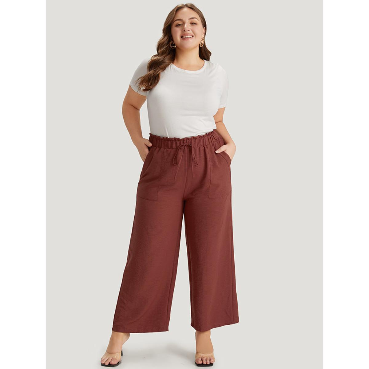 Plus Size Solid Paperbag Waist Pocket Ties Pants Women Tan Elegant High Rise Dailywear Pants BloomChic 10/M Product Image